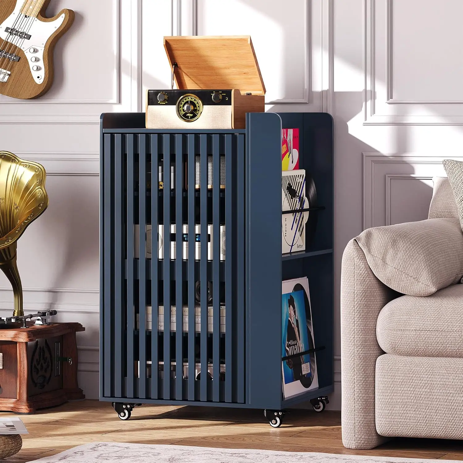 5-Tier Media Cabinet Vinyl Record Storage Rolling Adjustable Shelves Cable Management AV Stand Living Gaming Room, Customized