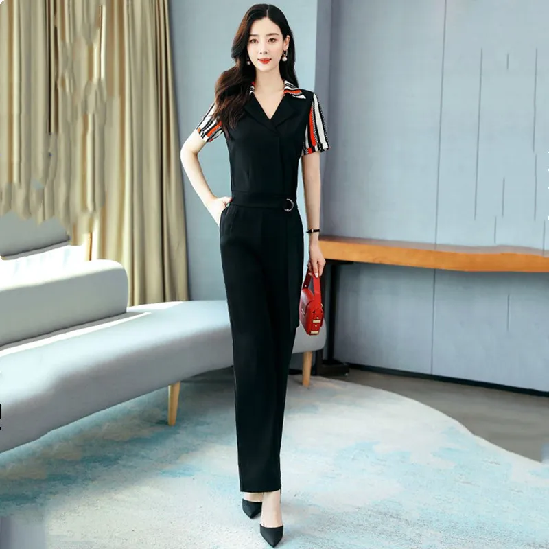 Vrouwen Korte Mouw Patchwork Jumpsuit Mode Elegante Hoge Taille Slanke Wijde Broek Romper Dames Kleding 2024 Zomer Nieuw