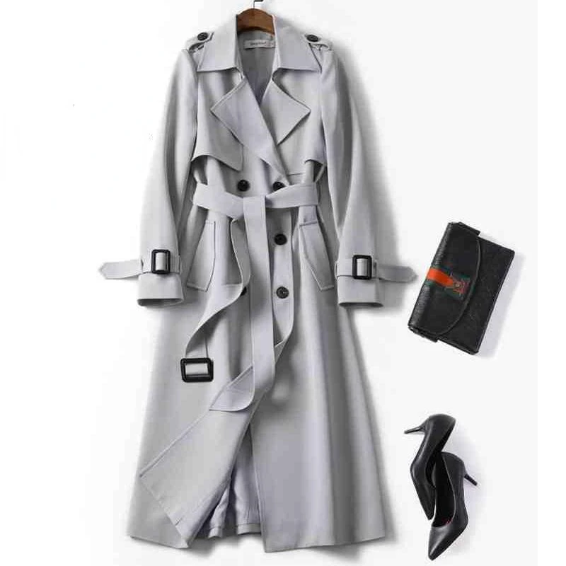 Trench da donna 2024 Autunno Giacca lunga coreana con cintura Cappotto doppiopetto in kaki solido stile britannico da donna