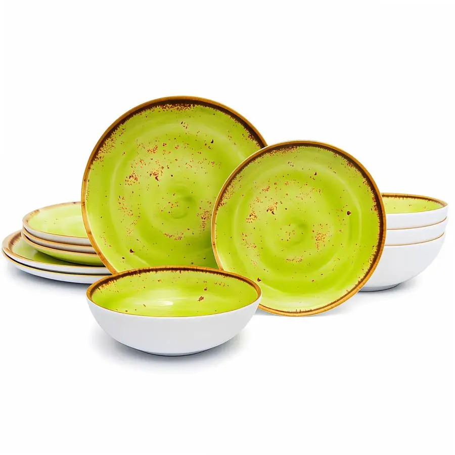 

12Piece Dinnerware Set, Melamine Dishes Set with Bowls and Plates, Nonbreakable and Lightweight Dinner Service for 4, Green Swir