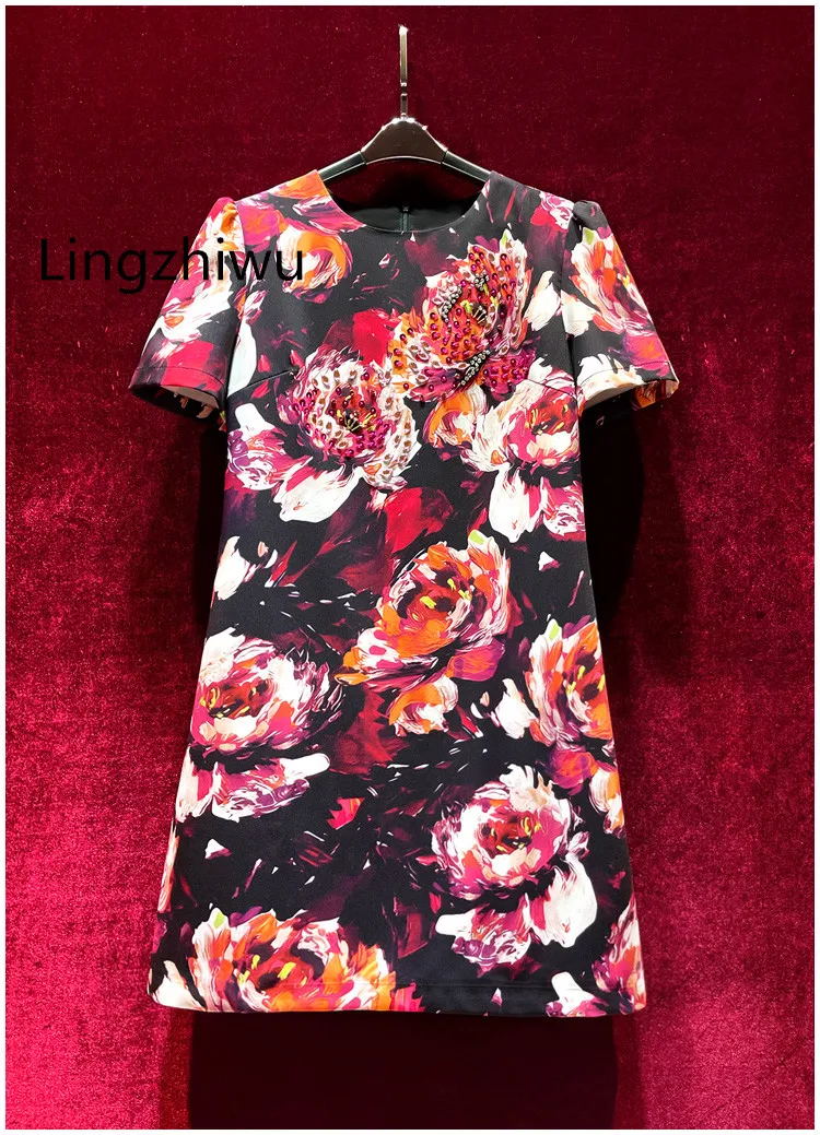 

Lingzhi Wu French Vintage Print Top Quality Slim Handmade Short Sleeve Dress Female Elegant 2024 New Arrive