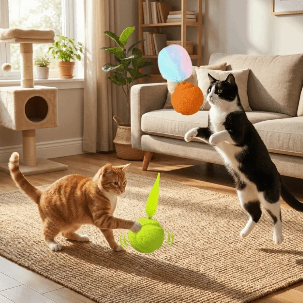 2PCS Funny Pet Bouncy Ball Squeaky Replaceable Head Cat Ball Cat Catching Ball Bite Resistant Interactive Cat Solo Play