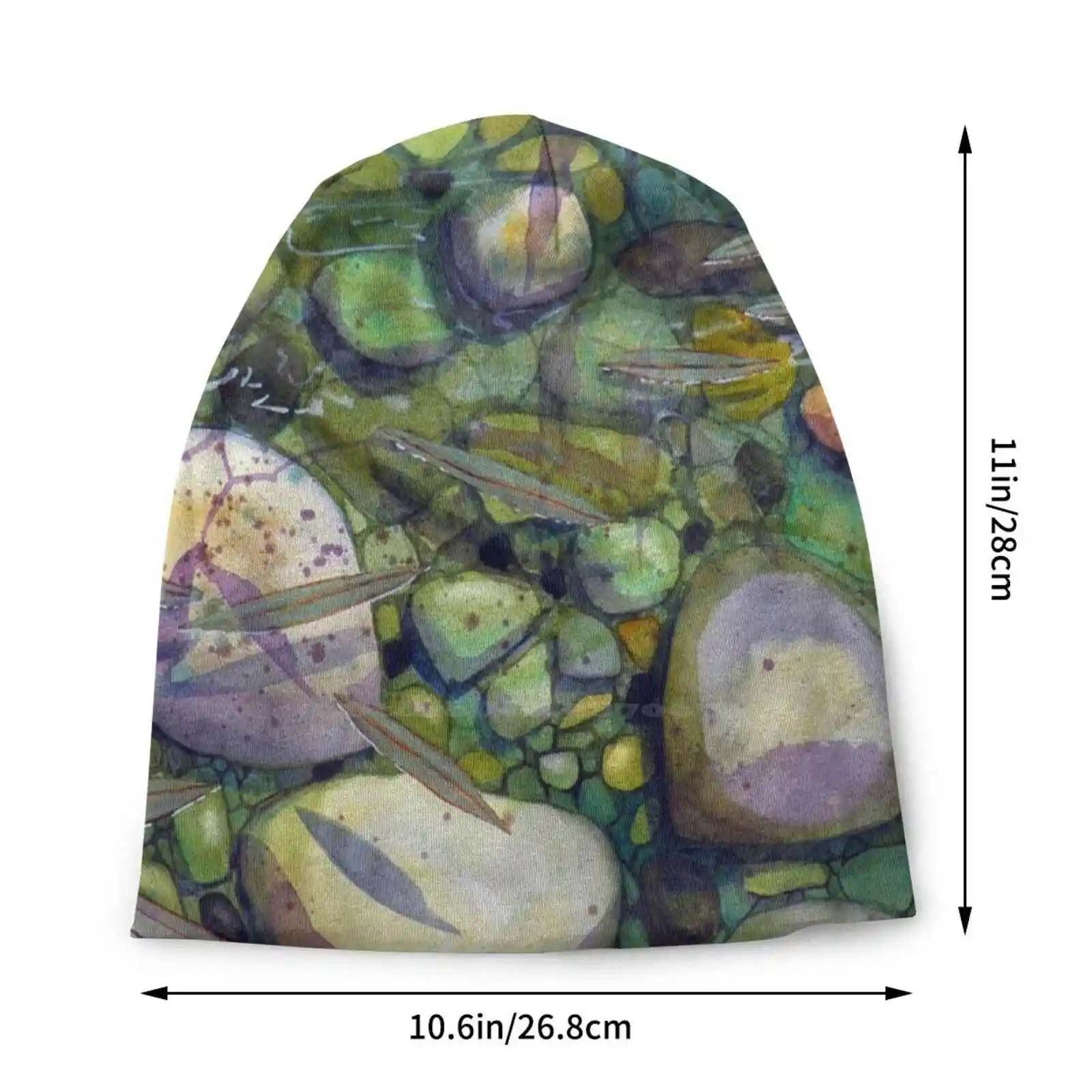 Fresh Knitted Hat Warm Beanie Outdoor Caps Contemporary Nature Watercolour Rocks Pebbles Green Purple Rivers Streams