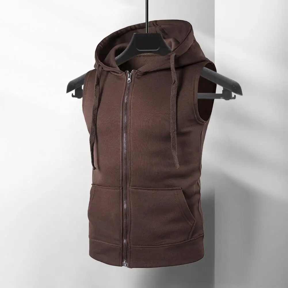 

Men Summer Vest Jacket Hooded Drawstring Sleeveless Zipper Placket Vest Coat Solid Color Pockets Zipper Placket Waistcoat Hoodie