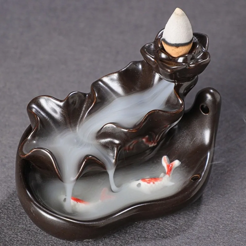 Mini Backflow Stick Incense Burner Lucky Fish Decorative Incense Stick Holder Lotus Shape Ceramic Censer Meditation