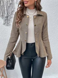 Fashion Lapel Jacquard Ruffled Long Sleeve Women's Coat New Autumn Winter Slim Double Breasted Elegant Female Office Suit Jacket