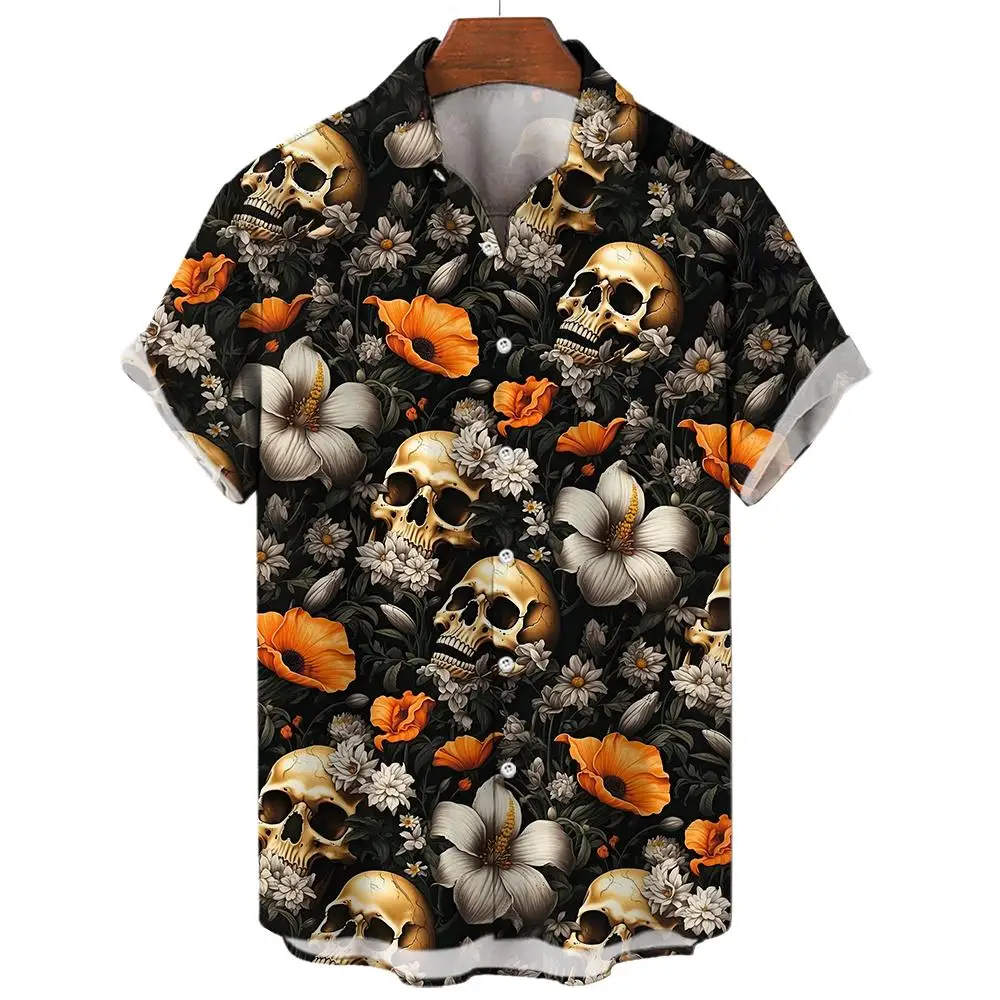 Rose Skull Print Shirt Men\'s Short Sleeve Shirt Summer Street Fashion Tops Men\'s Casual Oversized Shirt Size S-5XL