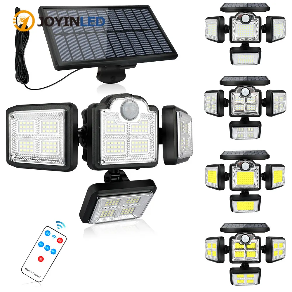 

LED Light Motion Sensor 192/198 LED 3 Modes IP65 Waterproof with Remote Solar Wall Security Light 4 Heads Outdoor Lighting