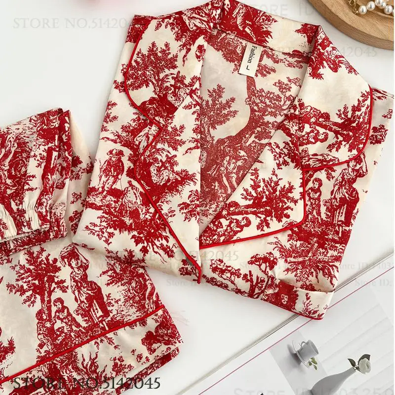 

Летняя женская одежда для сна, пижамный комплект из 2 предметов, домашняя одежда с красным цветочным принтом, пижамный костюм, свободный повседневный шелковый атлас, домашняя одежда, нижнее белье