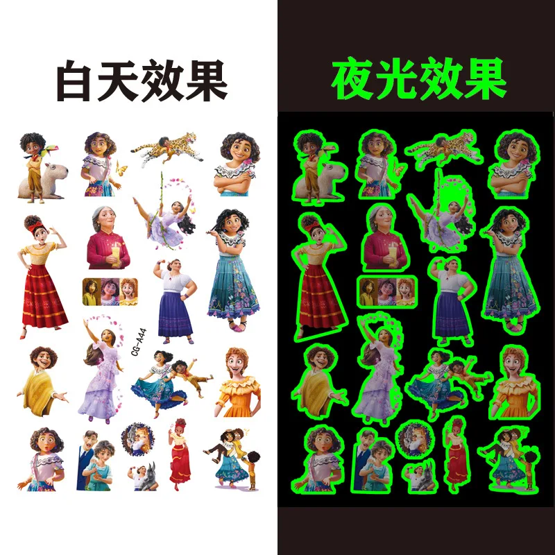 Luminous Encanto Tattoo Stickers para crianças, anime dos desenhos animados, tatuagens temporárias, arte corporal, festa cosplay, brinquedos presentes para crianças, 1pc