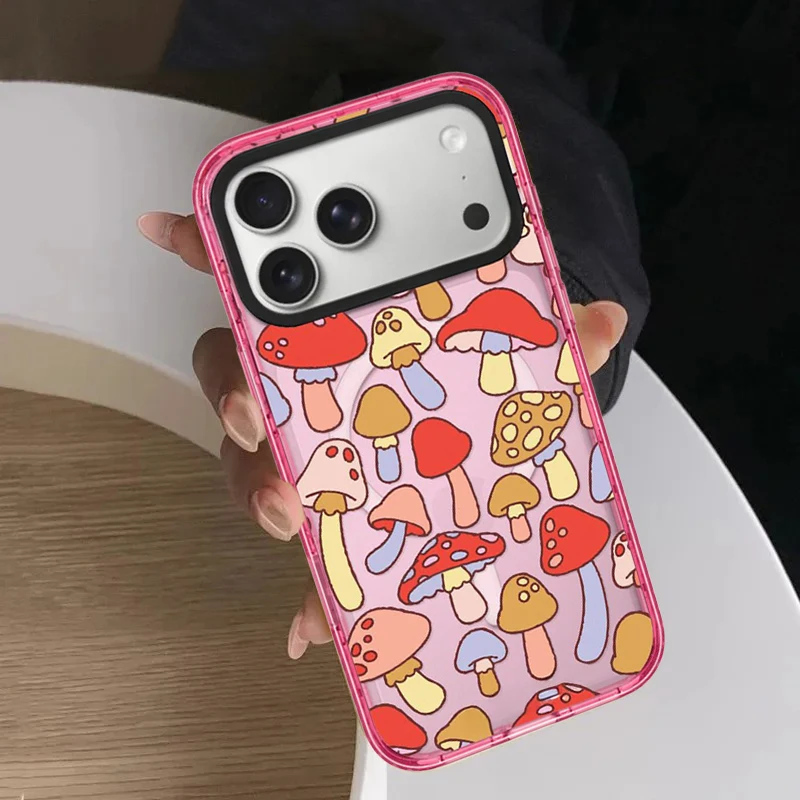 

Cute Colored Mushrooms Pink Border Magnetic Impact Cover for IPhone 12 13 14 15 16 17 Pro Max Case for IPhone 17 Air