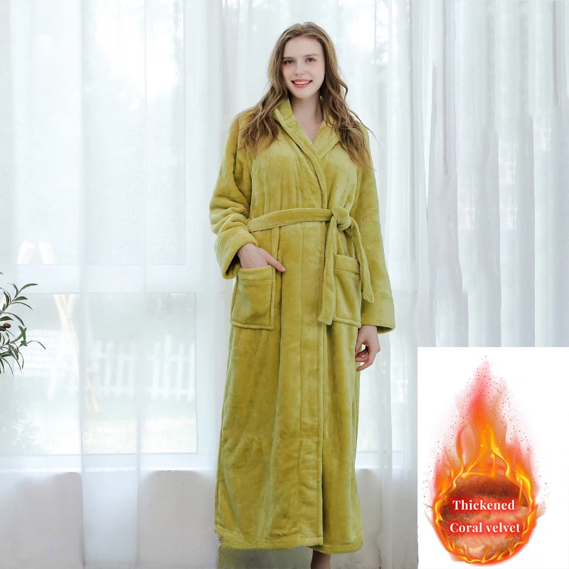 Extra Long Winter Coral Fleece Bathrobe Women Hooded Warm Kimono Bath Robe Cozy Kimono Shower Robes Loose Peignoirs Nightgown