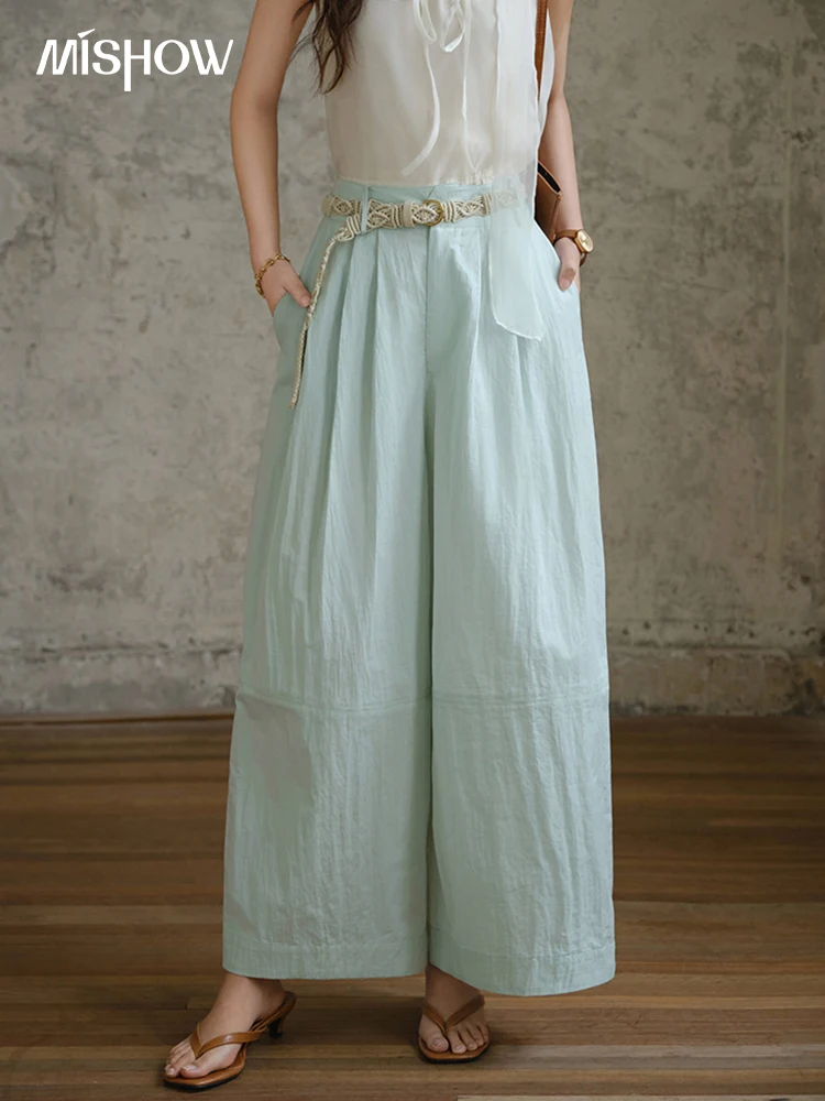 

MISHOW Ladies Loose Wide Leg Pants Summer 2025 New Fashion Pocket Zipper High Waist Button Women's Straight Pants MXE34K0948