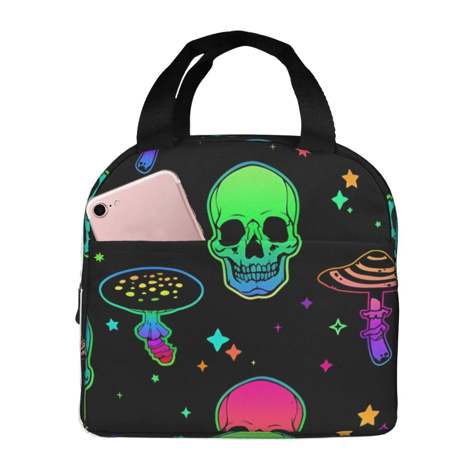 Psychedelic Mushroom Skull Pattern Insulated Lunch Box Leak-proof Thermal Cooler Lunch Bag for Men Women Kids Work Trip Picnic
