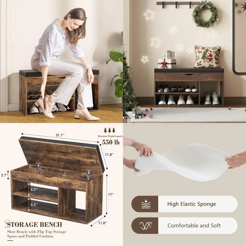 

31 Brown Wooden Shoe Storage Bench with Cushion and 2-Tier Rack for Entryway, Living Room