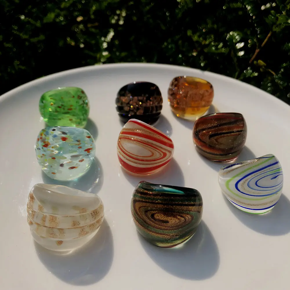 1PCS 17-19mm Wholesale Blue Lampwork Glass Muran Rings For Women Band Ring Random Starry Sky Chinese Style Gift