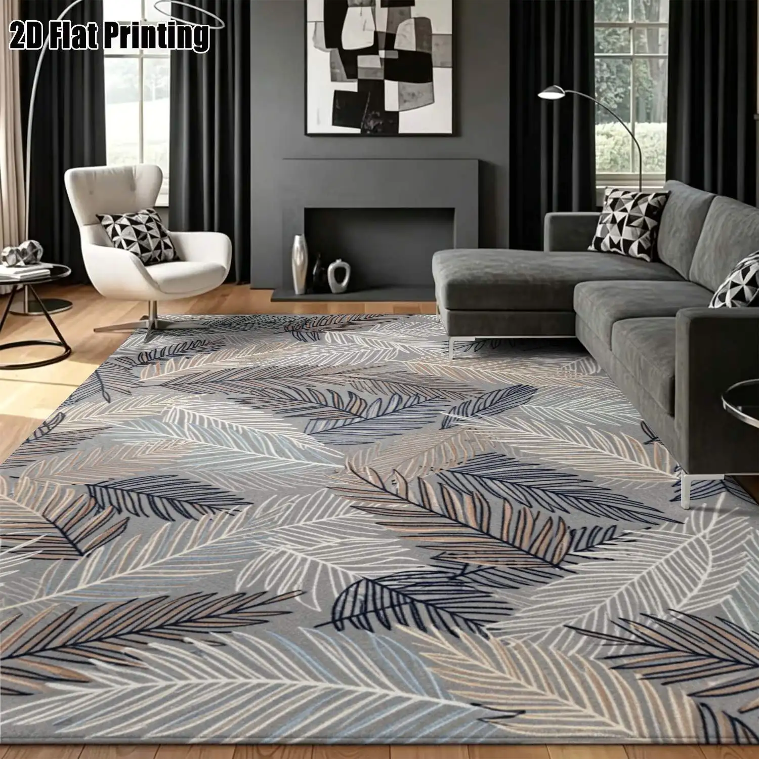 1Pc 2D Printed Carpet: Blue-Grey-Brown Leaf Patterns, Nordic/Instagram Style, Modern Minimalist, Home Decor, Multiple Sizes, Machine Washable, Suitable for Entrance, Living Room, Bedroom, Dining Room, Foyer