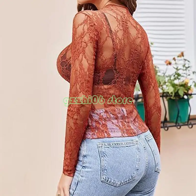 

T5UF Long Sleeve Mock Neck Floral Lace Top Ruffle Trim Fit T-Shirt for Women Party Club Night Out Sheer Mesh Blouse
