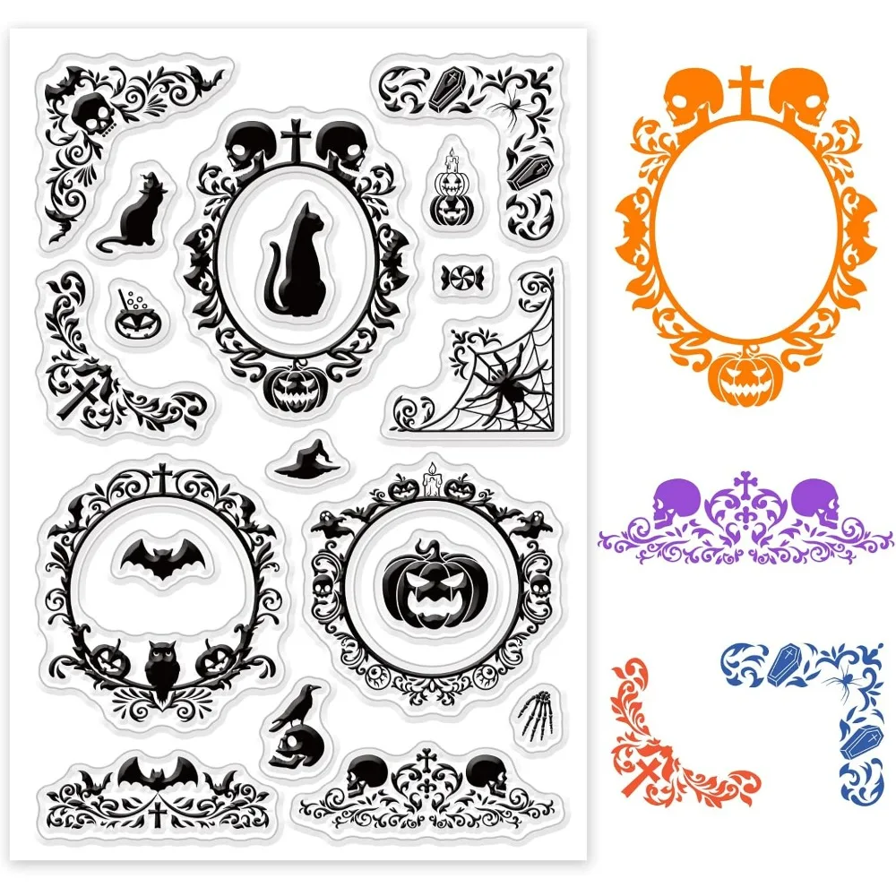 Pumpkins and Skull Silicone Clear Stamp Round Frames Transparent Silicone Stamp Floral Border Edge Rubber Stamp for Scrapbook