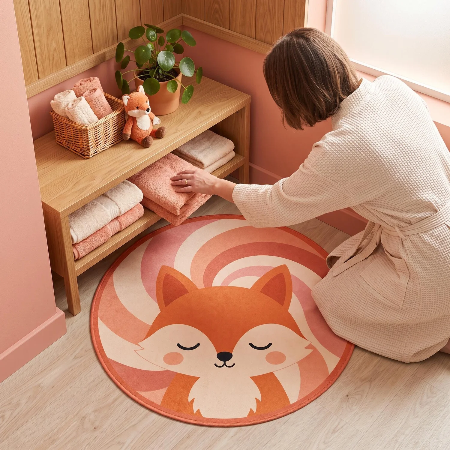 Fox Round Bathroom Mat, Rust-Colored Sunburst Pattern, Children's Bathroom Decor
