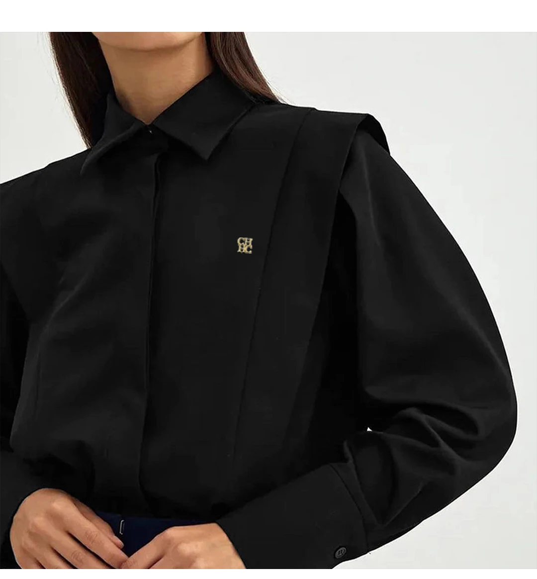 CH Metall-Logo Langarm-Hemd für Damen Locker Sitzend Spitzkragen Strukturierte Schultern Premium-Stoff Büro Casual Oberteile – Detail 8