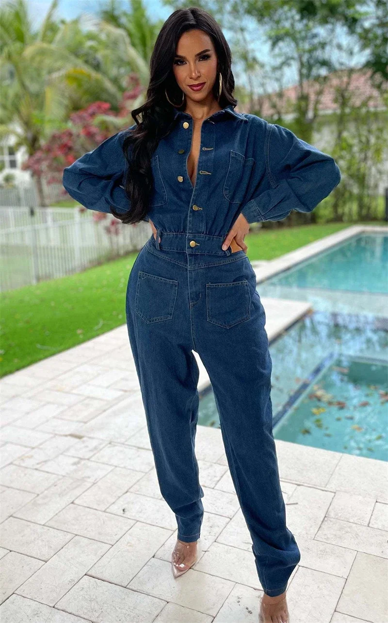 

Streetwear Jeans Jumpsuit Fall Clothes 2024 Women Full Sleeve Button Up Pants Denim Rompers Playsuits One Pieces Overalls Outfit