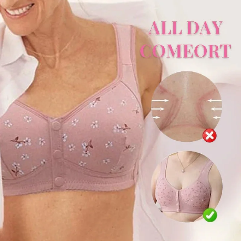 Comfortable Convenient Front Button Bra for Women Printed Bras Large Size Wire Free Wide Shoulder Strap Oversized Bra