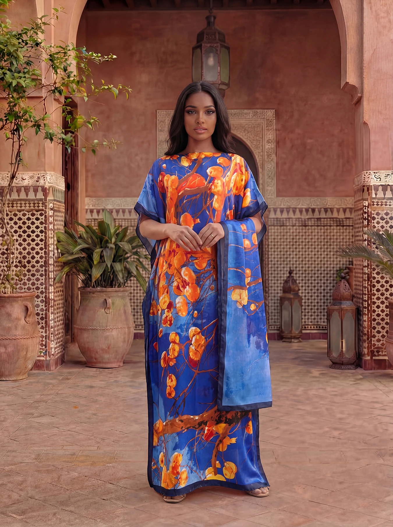 Persimmon Tree Print Satin Abaya With Matching Scarf, Loose Maxi Kaftan For African Muslim Women Summer Beach Holiday Wear