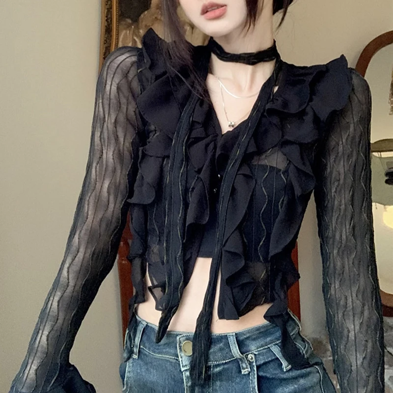 Women\'s  Y2K  Aesthetic Spring and Summer Mesh Top Black Long Sleeve V-Neck Irregular Ruffle T-Shirt