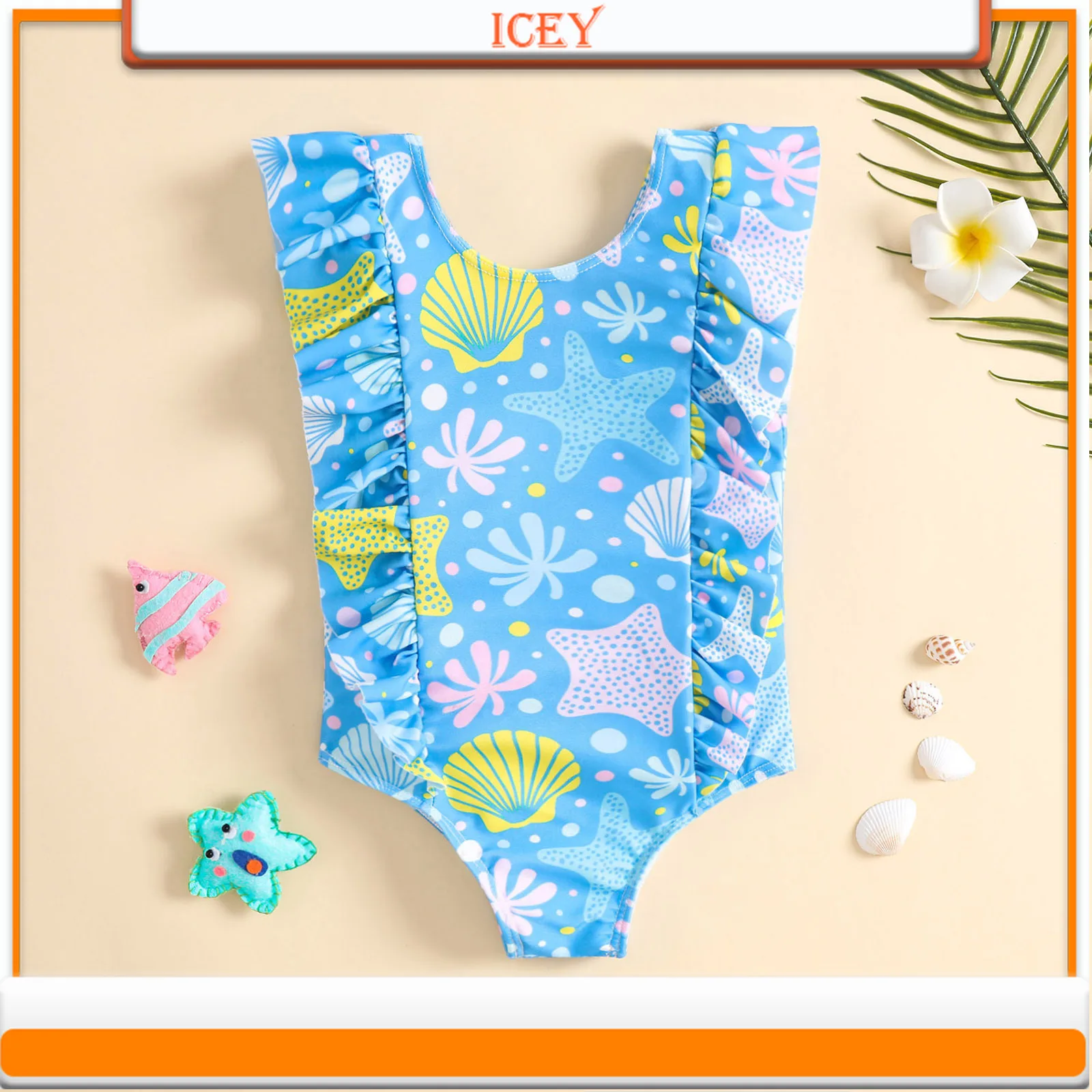 Shell Starfish Print One-piece Fly-sleeved Triangle Swimsuit for Girls Swimsuit Children One-Piece Suits
