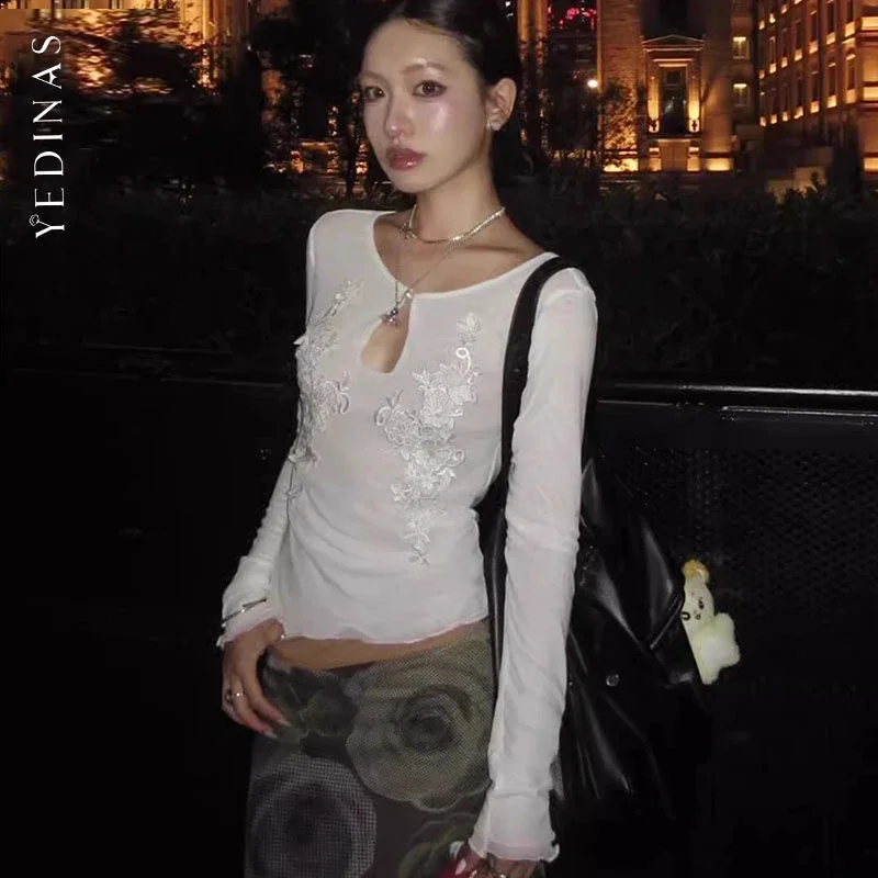 

Yedinas Уличная одежда Тонкие сетчатые топы с длинными рукавами Графические футболки Корейская мода 2000-х годов Одежда Y2k Футболки Женская одежда Весенний шик