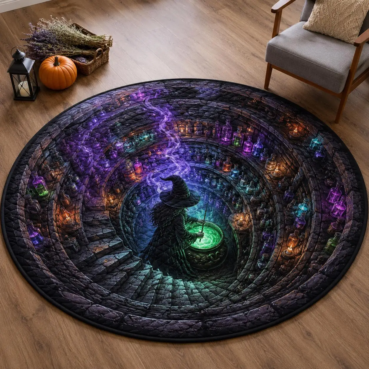 Gothic Cemetery Skeleton Lantern Pattern Circular rug 3D Optical Illusion Tombstone Area Rug Festival Party Entrance Floor Mat