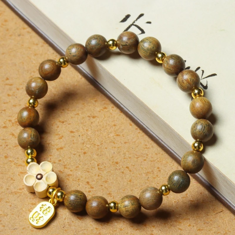 Ancient Style Green Sandalwood Peach Blossom Single-Layer Bracelet Students Wooden Beaded Jewelry for Playing Hand Decoration