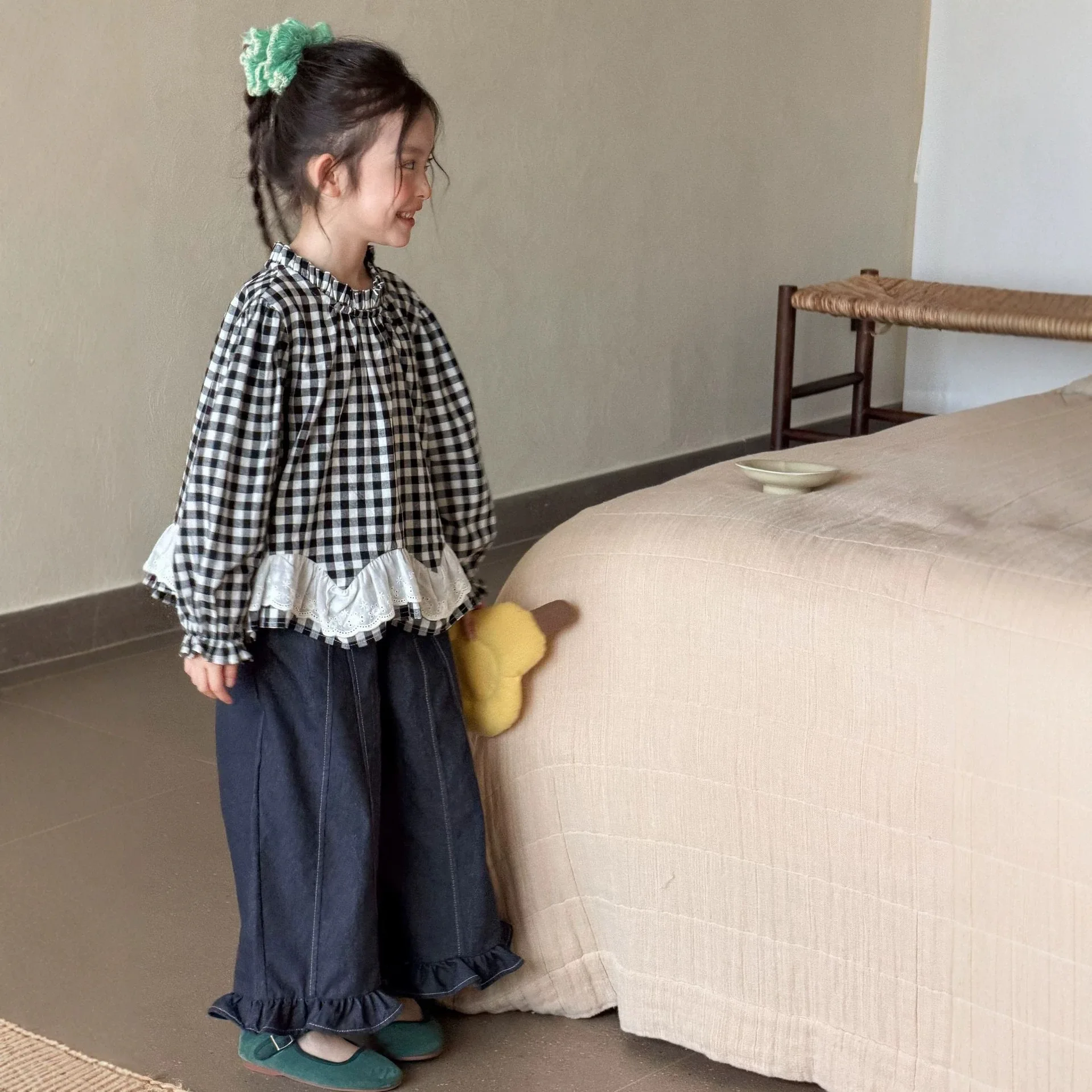 2026 Spring Autumn New Girl's Plaid Patchwork Shirt Korean Niche Design Checkered Lace Top Casual Jeans