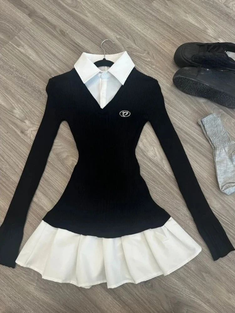 American Vintage Shirt Langarm Minikleider Damen Kleidung Slim Fit Polo Neck Schwarz Kurzes Partykleid Koreanische Mode Herbst