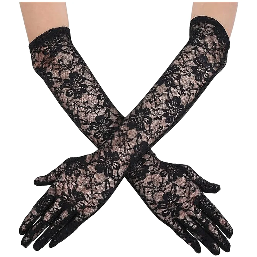 Long Gloves for Women Vintage Lace Design Bridal Wedding Formal Driving Sun Coverage Mesh Fabric Floral Accented Fit