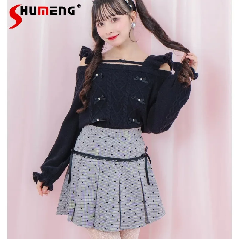 

2024 Autumn And Winter New Japanese Style SC Mine Series Bow Sling Knitted Sweater Pullovers Y2k Clothes Black Kawaii Knitwear