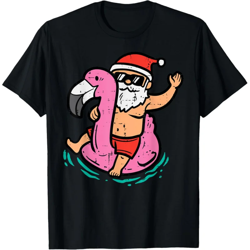 Santa Claus flamingo floating fun July summer Christmas men and women T-shirt short sleeved black