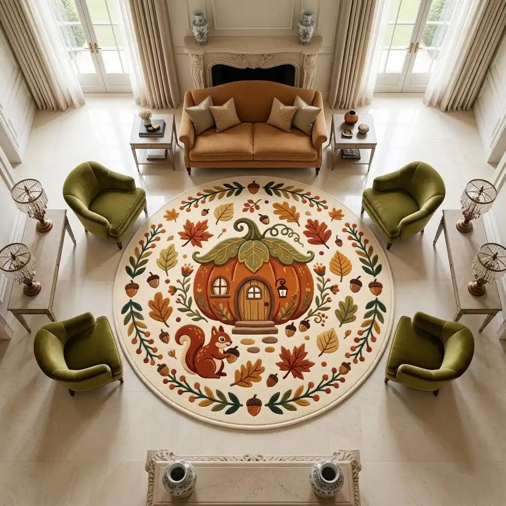 Halloween Pumpkin Round Area Rug Vintage Bat Maple Leaves Circle Carpet Washable Non Slip Spooky Living Room Floor Decor