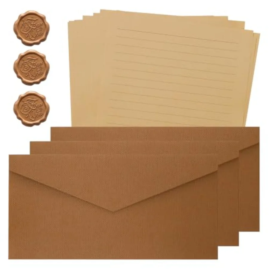 

16 Pcs Stationery Kraft Paper Set, 10 Letter Writing Paper and 3 Linen Texture Envelopes with 3 Wax Seal Sticker for Love Lette