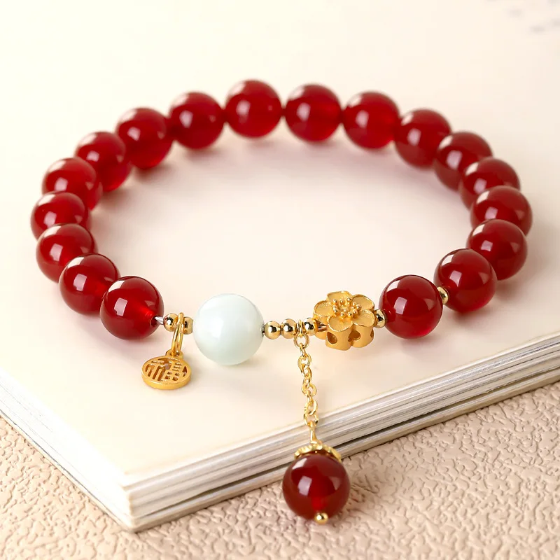 

Natural Red Agate Chain Best Friend Lucky Peach Blossom Pendant Hand Jewelry Sweet Fresh Chinese Style Bracelet HandString