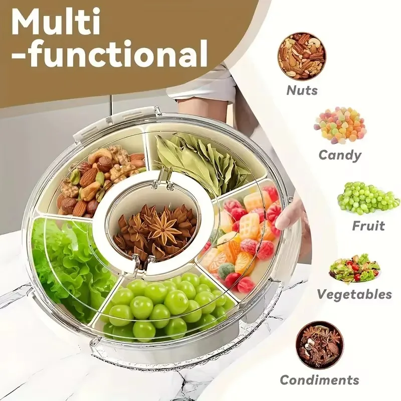 Rotating Snack Tray with Handle and Cover, Clear Sectioned Storage for Fruits, Veggies, and Party Treats