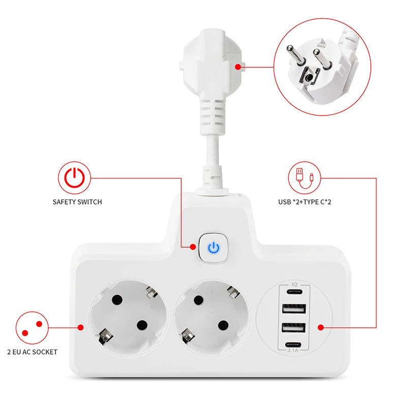 New 3250W 13A 250V European Style Plug Socket With USB And Type-C Port 2 Outlets Power Strip For Multiple Applications