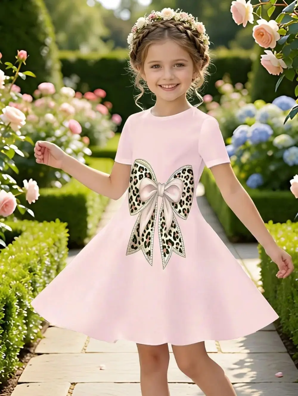 Girl Dresses Short Sleeve Summer Dress Bowknot Heart Print Hawaiian Vacation Beachwear Dress Outfits Bonfire Girls Party Dresses