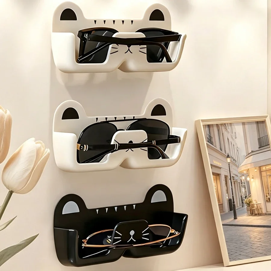 1PC Cute Cat Sunglasses Case Portable Wall Mounted Non-Drill Storage Rack for Home Use - Eyewear Organizer Display