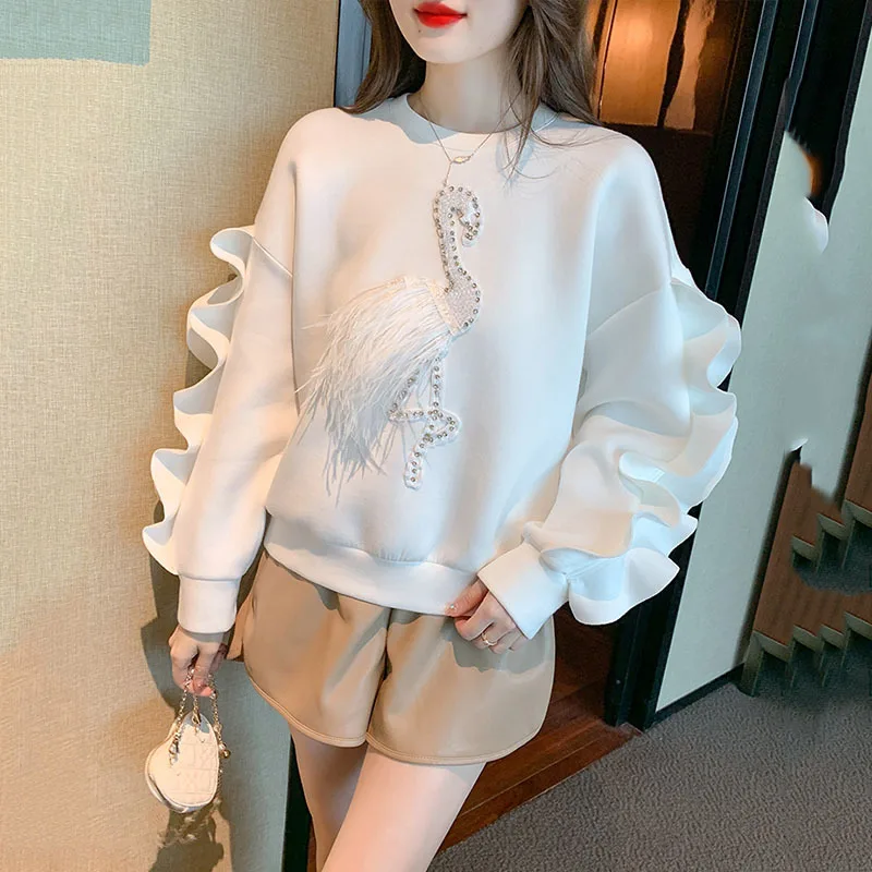 Vintage Chic O-neck Ruffled Beading Sweatshirts Autumn Long Sleeve Loose Tops Women E-Girl Mid-length Sweatshirt Mujer