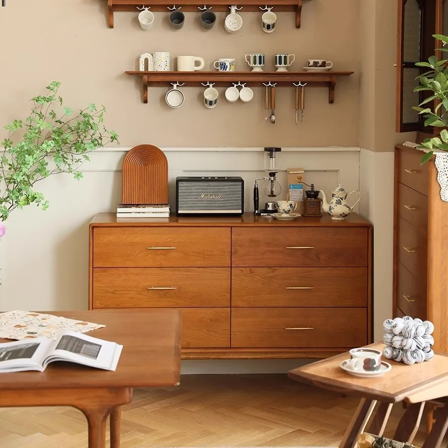 

Комодный шкаф из вишневого дерева в скандинавском японском стиле, современный простой шкаф из массива дерева из дуба с шестью ящиками, удерживающий стену