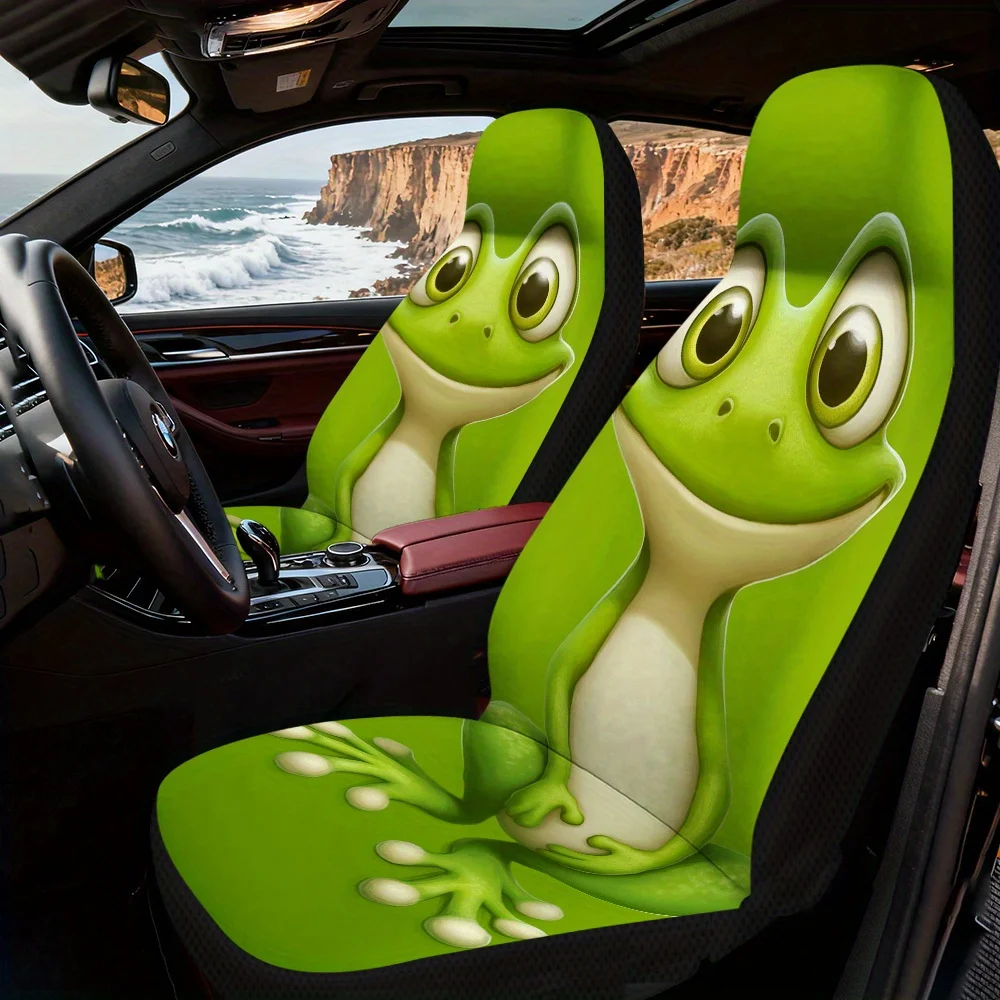 2pcs Car Seat Covers Set, Cute Green Frog Illustration Print, Chic Vehicle Seat Covers. Fits Holiday Village Trips & Daily Post