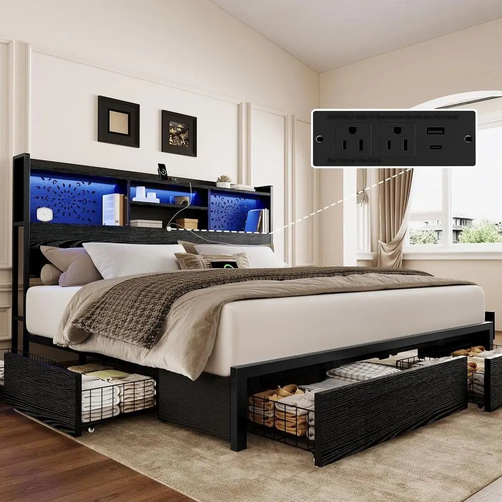 

Vintage Black Queen Bed with 6 Drawers, Carving Board, Charging Station, LED Lights, Easy Assembly, No Box Spring Needed