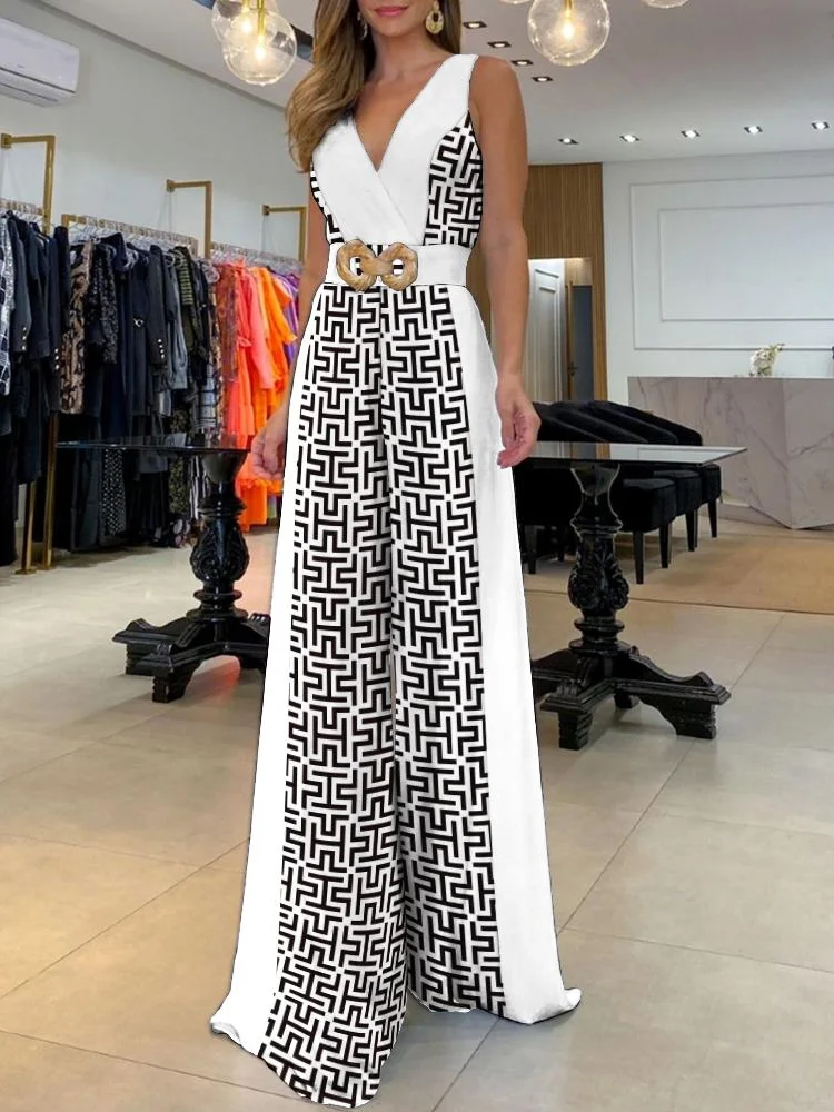 

2023 Set of One Fashion Pieces for Women Outfits Geometric Print Wide Leg Jumpsuit Without Belt Casual Ropa Mujer Free Shipping